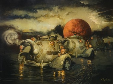 Tea Party on Phobos Ζωγραφική με τίτλο "Tea Party on Phobos" από Yuri Laptev, Αυθεντικά έργα τέχνης, Λάδι Τοποθετήθηκε στο Τσάντα καμβά