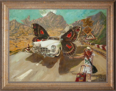 Painting titled "Miss Hitchhiker" by Yuri Laptev, Original Artwork, Oil Mounted on Wood Stretcher frame