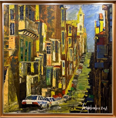 Painting titled "Street balconies" by Sergio Kovalov, Original Artwork, Oil Mounted on Wood Stretcher frame