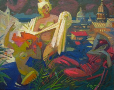 Painting titled "Жаркое лето в Риме" by Valentina Grigoreva, Original Artwork, Oil Mounted on Wood Stretcher frame