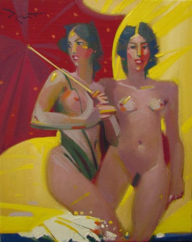 Pintura titulada "Красный зонтик" por Valentina Grigoreva, Obra de arte original, Oleo