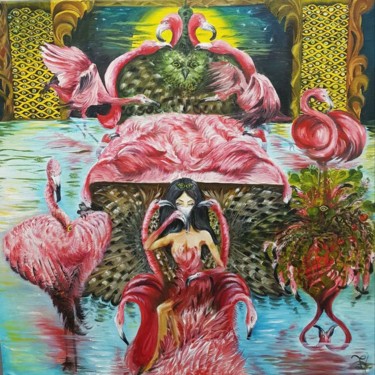 Картина под названием "Flamingo Girl" - Наталья Давыдова, Подлинное произведение искусства, Масло