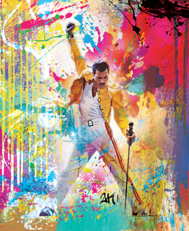 Digitale Kunst mit dem Titel "Freddie Mercury" von 2kyff, Original-Kunstwerk, Digitale Malerei Auf Keilrahmen aus Holz monti…