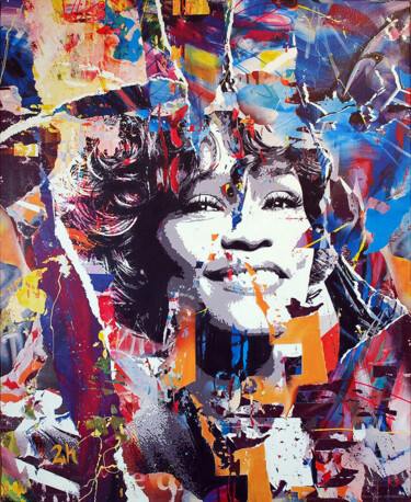 Artes digitais intitulada "Whitney Houston" por 2kyff, Obras de arte originais, colagem digital Montado em Armação em madeira