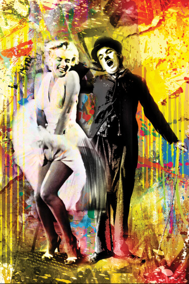 Digital Arts titled "Marilyn et Charlot" by 2kyff, Original Artwork, Digital Painting Mounted on Wood Stretcher frame
