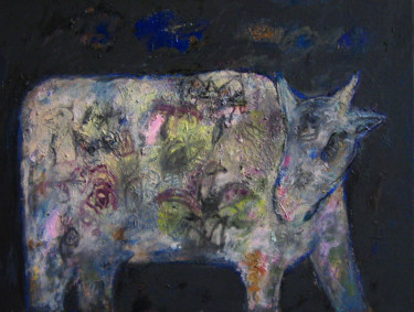 Painting titled "cow" by Viktor Gutsu, Original Artwork, Oil Mounted on Wood Stretcher frame