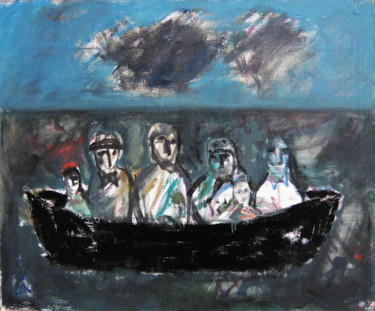 Painting titled "a boat" by Viktor Gutsu, Original Artwork, Oil Mounted on Wood Stretcher frame