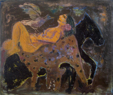 Painting titled "huntress" by Viktor Gutsu, Original Artwork, Oil Mounted on Wood Stretcher frame
