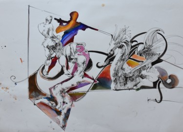 Painting titled "Taming the Dragon" by Roman Bonchuk, Original Artwork, Ink
