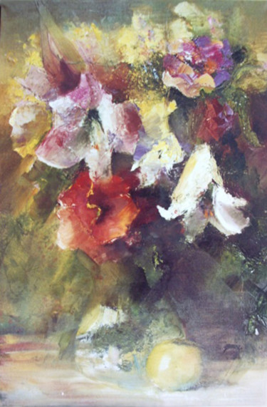 Картина под названием "Flowers with aplle" - Andrew Vlasov, Подлинное произведение искусства, Масло