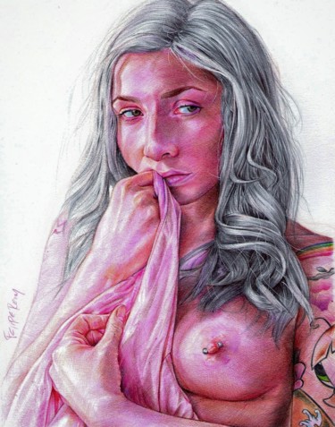 Dibujo titulada "Garota tatuada" por Felipe Pereira, Obra de arte original, Bolígrafo