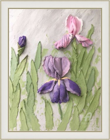 Картина под названием "Garden irises -  fl…" - Violetta Golden, Подлинное произведение искусства, Масло Установлен на Деревя…