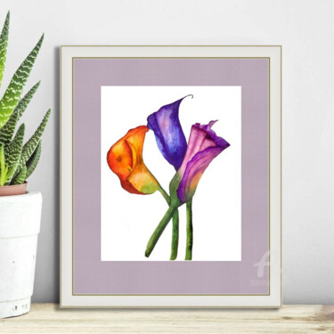 Callas - floral wall art, botanical home decor Картина под названием "Callas - floral wal…" - Violetta Golden, Подлинное произведение искусства, Акварель