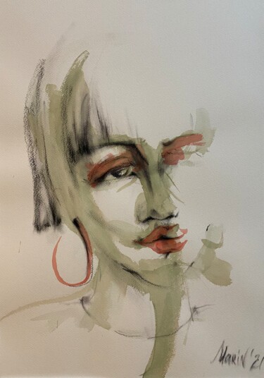 Drawing titled "Face 10" by Marin, Original Artwork, Watercolor