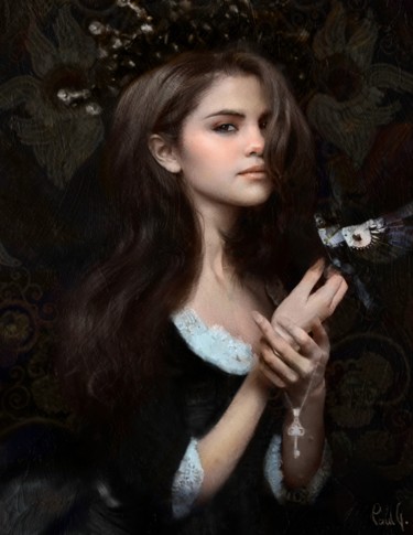 Digital Arts titled "Selena Gomez" by Paul Gull, Original Artwork, Digital Painting Mounted on Wood Stretcher frame