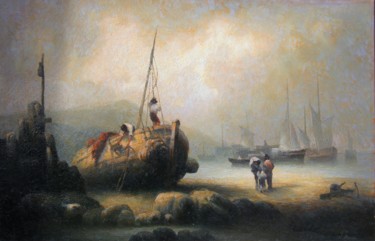 Painting titled "Баркасы на море." by Grisha Roshin, Original Artwork, Oil