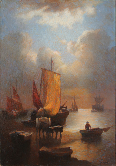 Peinture intitulée "Рыбаки на берегу за…" par Grisha Roshin, Œuvre d'art originale