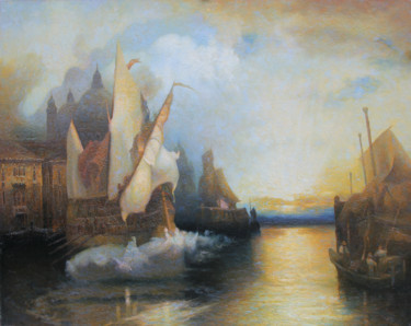 Peinture intitulée "Закат в Венеции." par Grisha Roshin, Œuvre d'art originale, Huile Monté sur Châssis en bois