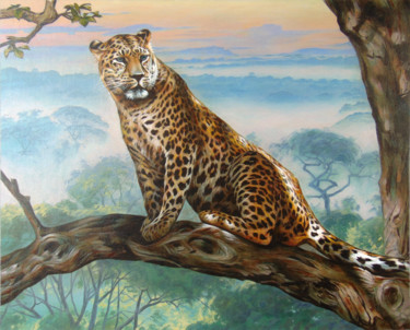 Peinture intitulée "Leopard on a tree" par Sergey And  Vera, Œuvre d'art originale, Huile