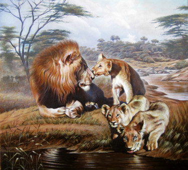 Peinture intitulée "Lion with offspring" par Sergey And  Vera, Œuvre d'art originale, Acrylique