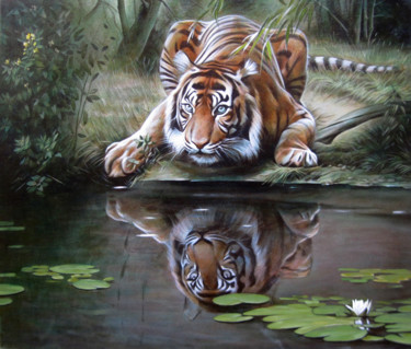 Painting titled "Tiger cub by the ri…" by Sergey And  Vera, Original Artwork, Acrylic