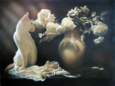 Картина под названием "Still life with cat" - Sergey And  Vera, Подлинное произведение искусства, Масло