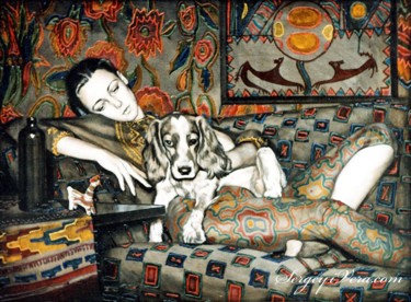 Schilderij getiteld "Girl with a dog" door Sergey And  Vera, Origineel Kunstwerk, Olie