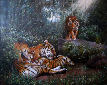 Картина под названием "Tiger family" - Sergey And  Vera, Подлинное произведение искусства, Масло