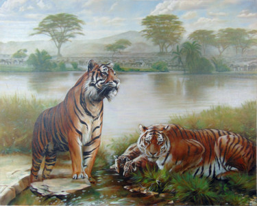 Картина под названием "Tigers by the river" - Sergey And  Vera, Подлинное произведение искусства, Масло