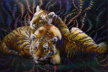 Painting titled "Tiger cubs" by Sergey And  Vera, Original Artwork, Oil