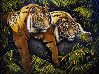 Painting titled "Brothers - Tigers" by Sergey And  Vera, Original Artwork, Oil Mounted on Wood Stretcher frame