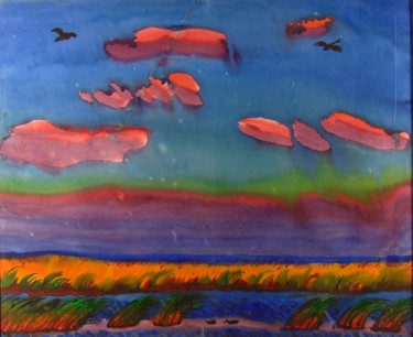 Painting titled "Evening clouds" by Sergey And  Vera, Original Artwork, Watercolor Mounted on Plexiglass