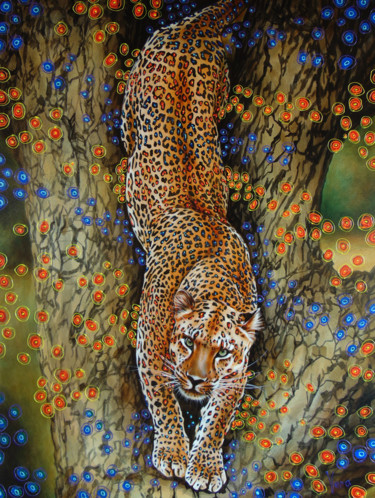 Painting titled "On a tree trunk" by Sergey And  Vera, Original Artwork, Oil Mounted on Wood Stretcher frame