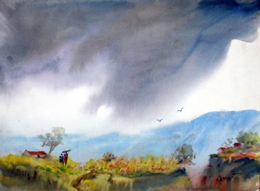 Painting titled "Rainy season" by Sampat Nayakawadi, Original Artwork, Oil