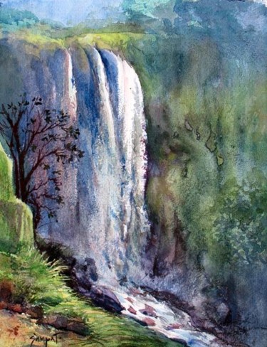 Painting titled "Water fall 01" by Sampat Nayakawadi, Original Artwork, Oil