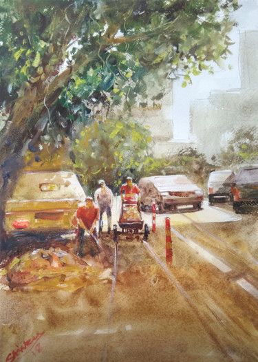 Painting titled "roadside-worker-bus…" by Shibu Biswas, Original Artwork, Watercolor