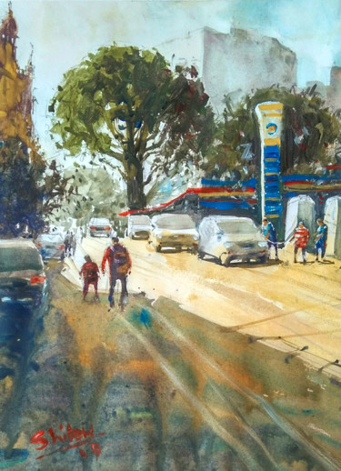 Painting titled "afternoon-roadside-…" by Shibu Biswas, Original Artwork, Watercolor