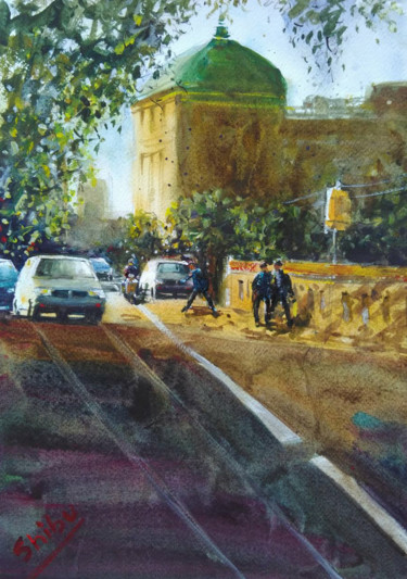 Painting titled "Golden-evening-city…" by Shibu Biswas, Original Artwork, Watercolor