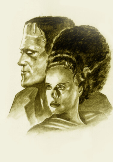 Drawing titled "Frankenstein's Bride" by E Simon, Original Artwork, Charcoal
