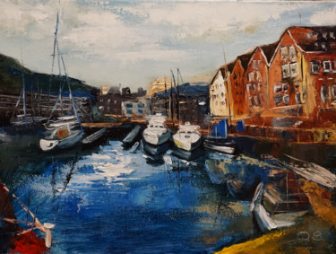 Painting titled "Boats Original Pain…" by Olga Sokolova, Original Artwork, Oil Mounted on Wood Stretcher frame