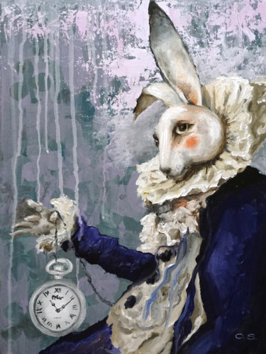 Painting titled "March Rabbit Origin…" by Olga Sokolova, Original Artwork, Oil Mounted on Cardboard