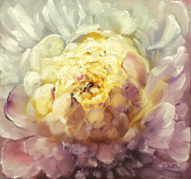 Painting titled "Fleur de pivoine" by Olga Sokolova, Original Artwork, Oil Mounted on Cardboard