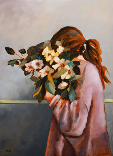 Painting titled "Femme et fleurs "Fi…" by Olga Sokolova, Original Artwork, Oil