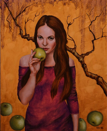 Painting titled "Temptation. Woman p…" by Olga Sokolova, Original Artwork, Oil Mounted on Wood Stretcher frame