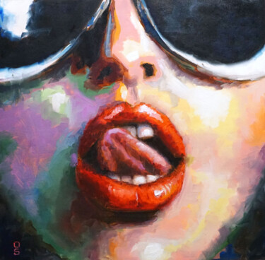 Painting titled "Red lips painting" by Olga Sokolova, Original Artwork, Oil Mounted on Wood Stretcher frame