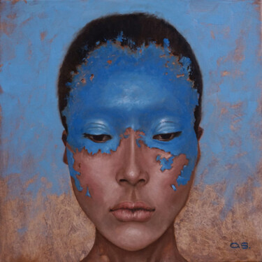 Painting titled ""Blue portrait" fem…" by Olga Sokolova, Original Artwork, Oil Mounted on artwork_cat.