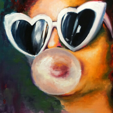 Painting titled ""Bubble gum" woman…" by Olga Sokolova, Original Artwork, Oil Mounted on Wood Stretcher frame
