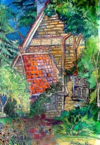 Painting titled "Peter Rabbit Cottage" by Newman Mindy, Original Artwork, Oil