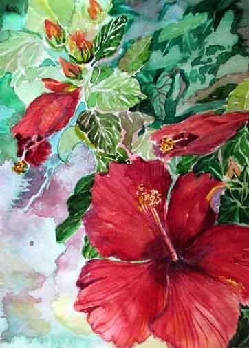 Painting titled "Red Hibiscus" by Newman Mindy, Original Artwork, Other