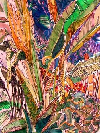 Painting titled "Jungle Garden" by Newman Mindy, Original Artwork, Oil